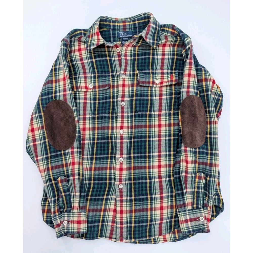 Polo Ralph Lauren Tartan Plaid Shirt M Suede Elbow Patches Equestrian Cabin Fall